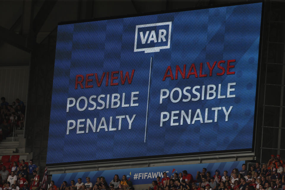 Video VAR is required for a possible penalty during the Women's World Cup final soccer match between US and The Netherlands at the Stade de Lyon in Decines, outside Lyon, France, Sunday, July 7, 2019. (AP Photo/Claude Paris)