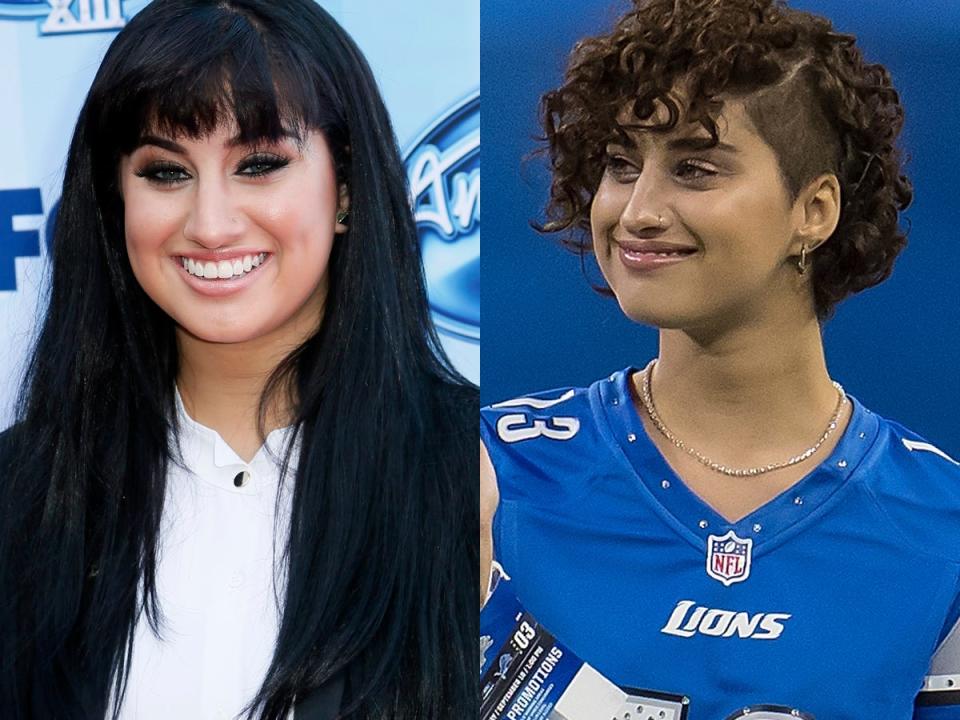 Jena Irene Asciutto at the season 13 american idol finale and Jena Irene Asciutto singing at a football game in 2016