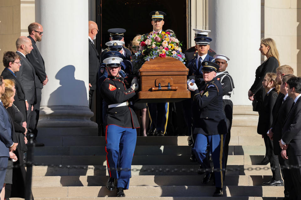 The casket of former U.S. first lady Rosalynn Carter departs Glenn Memorial United Methodist Church in Atlanta. / Credit: ELIJAH NOUVELAGE / REUTERS
