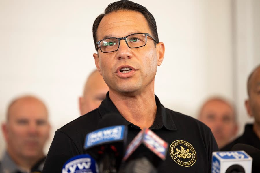 Pennsylvania Governor Josh Shapiro speaks to the media at a press conference held at the Po-Mar-Lin Fire Company after the capture of escaped convict Danelo Cavalcante in Unionville, Pennsylvania, on 13 September, 2023. US police announced the capture of a convicted Brazilian murderer who caught national attention with his daring prison escape and two weeks on the run. (Photo by RYAN COLLERD / AFP) (Photo by RYAN COLLERD/AFP via Getty Images)