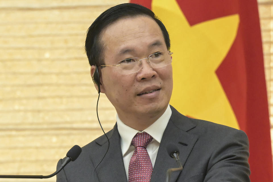 Vietnam's President Vo Van Thuong addresses the media during a joint press conference with Japan's Prime Minister Fumio Kishida after their meeting at the prime minister's official residence in Tokyo, Japan, Monday, Nov. 27, 2023. (Richard A. Brooks/Pool Photo via AP)