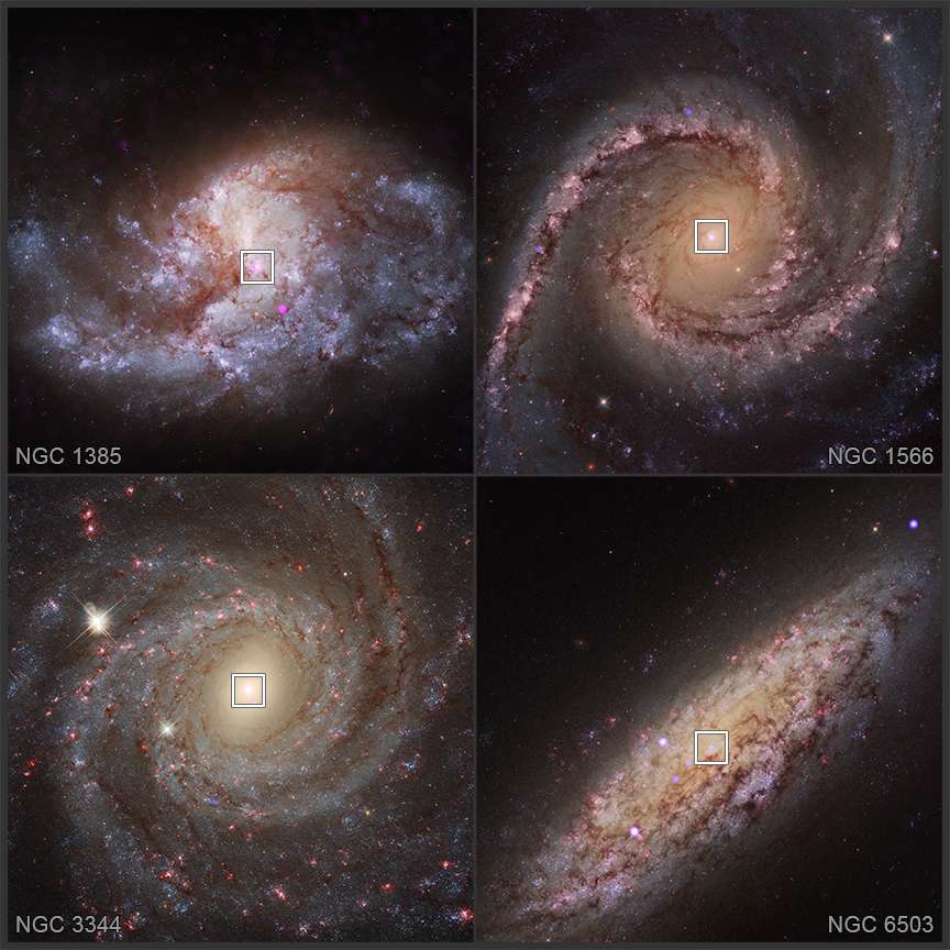 Images dans le domaine X et dans le visible de NGC 1385, NGC 1566, NGC 3344 et NGC 6503. Ces quatre galaxies font partie d&#39;une vaste &#xe9;tude de plus de 100 galaxies men&#xe9;e avec Chandra et Hubble. Les carr&#xe9;s indiquent les r&#xe9;gions o&#xf9; des trous noirs en croissance dans des amas d&#39;&#xe9;toiles nucl&#xe9;aires...