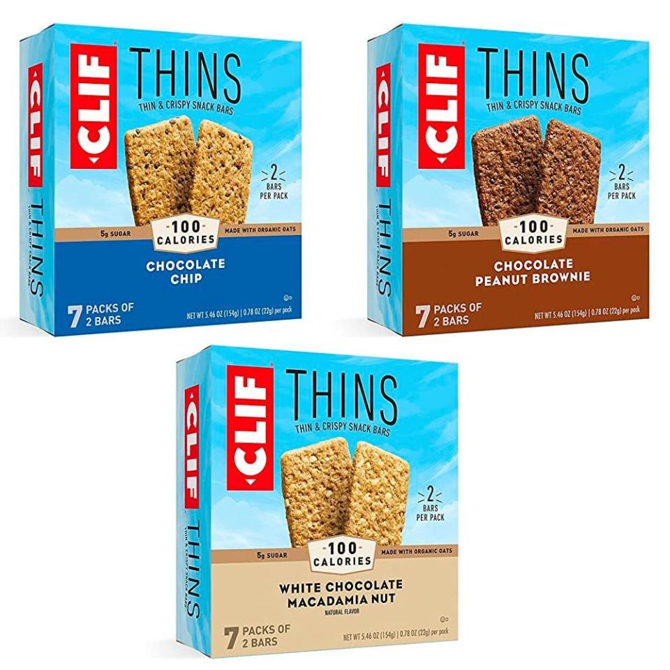 <p><strong>Clif Bar & Company</strong></p><p>amazon.com</p><p><strong>$30.73</strong></p><p><a href="https://www.amazon.com/dp/B08ZZVPCQC?tag=syn-yahoo-20&ascsubtag=%5Bartid%7C2089.g.42710794%5Bsrc%7Cyahoo-us" rel="nofollow noopener" target="_blank" data-ylk="slk:Shop Now;elm:context_link;itc:0" class="link ">Shop Now</a></p><p>Available in multiple flavors, including chocolate chip, white chocolate macadamia nut, and chocolate peanut brownie, these thins are just 100 calories each — a great snack for celebs, sure, but also for us during busy work days or after workouts. </p>