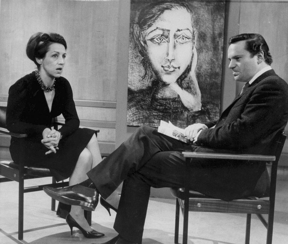FILE - Artist Francoise Gilot appears during an interview with Reginald Bosanquet in London on March 3, 1965, in connection with the publication of her book, "My Life With Picasso." Gilot, a prolific and acclaimed painter who produced art for well more than a half-century but was nonetheless more famous for her turbulent relationship with Pablo Picasso — and for leaving him — died Tuesday, June 6, 2023, in New York, where she had lived for decades. She was 101. (AP Photo/Bob Dear, File)
