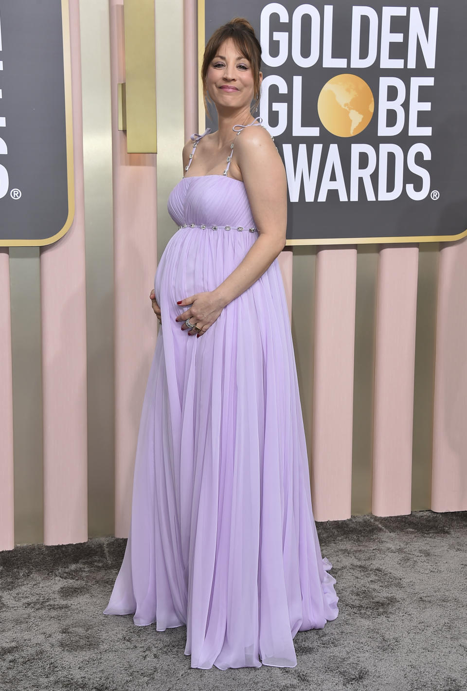 FILE - Kaley Cuoco arrives at the 80th annual Golden Globe Awards at the Beverly Hilton Hotel, Jan. 10, 2023, in Beverly Hills, Calif. Cuoco, star of “The Flight Attendant” and “The Big Bang Theory,” posted to Instagram on Saturday, April 1, 2023, that she and fellow actor Tom Pelphrey now have a daughter named Matilda Carmine Richie Pelphrey. (Photo by Jordan Strauss/Invision/AP, File)