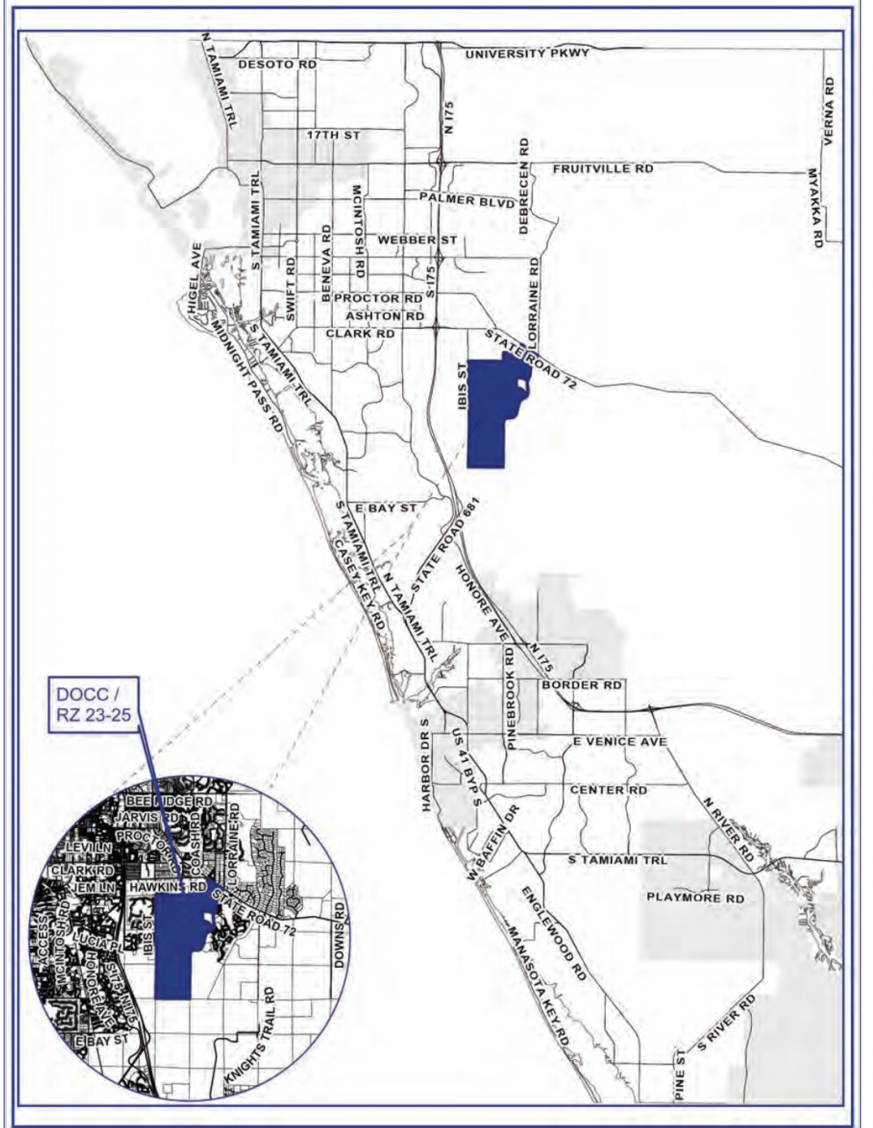 3H Ranch, highlighted in blue, will occupy more than 2,700 acres east of Interstate 75 and south of Clark Road. The master-planned community will contain more than 6,500 residential units and 370,000 square feet of commercial and office space.