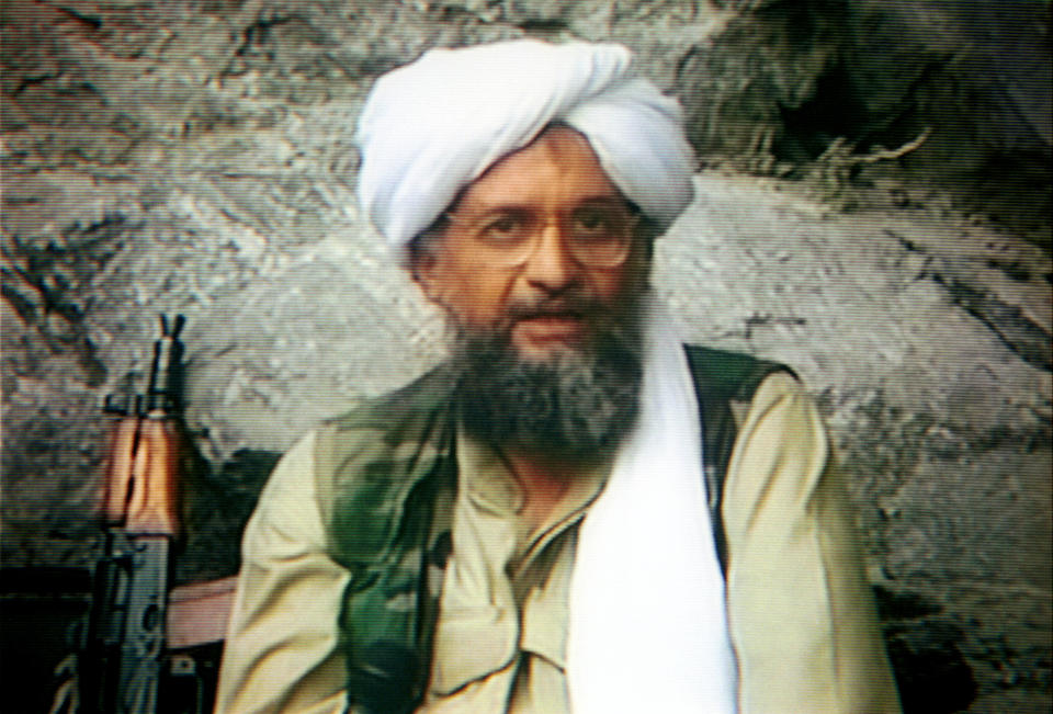 Al Jazeera TV broadcasts Ayman al-Zawahri's reports in 2001. (Maher Attar/Sygma via Getty Images)