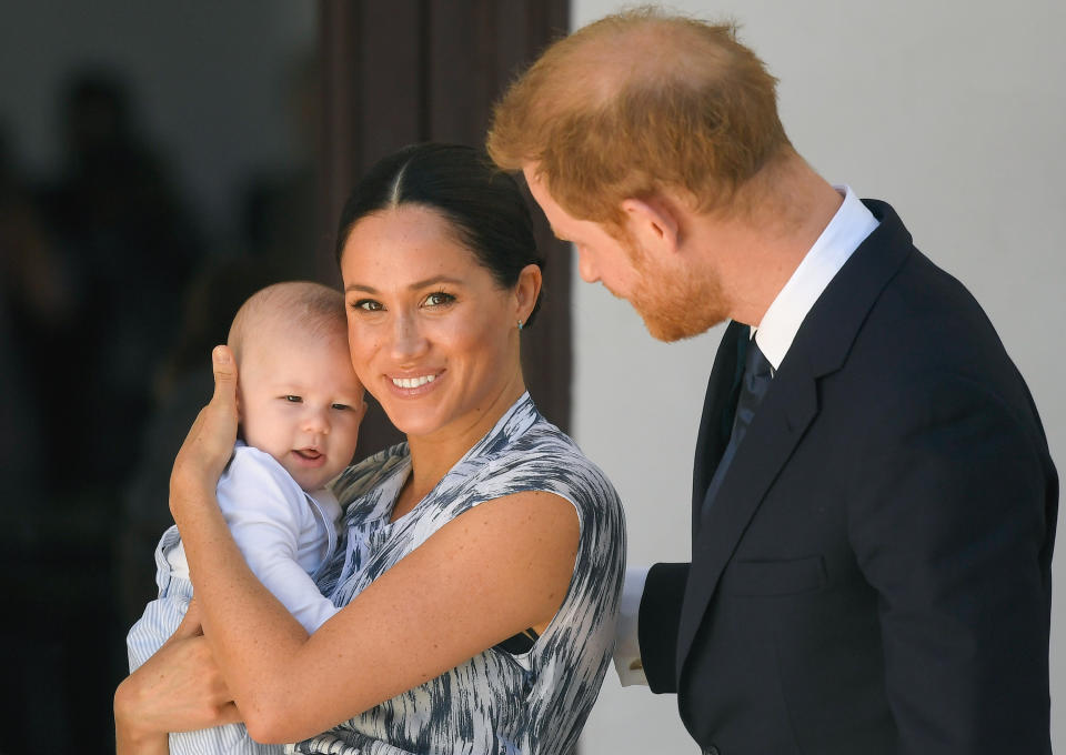 Prince Harry, Duke of Sussex, Meghan, Duchess of Sussex and their baby son Archie Mountbatten-Windsor meet Archbishop Desmond Tutu and his daughter Thandeka Tutu-Gxashe at the Desmond & Leah Tutu Legacy Foundation during their royal tour of South Africa on September 25, 2019 in Cape Town, South Africa. (WireImage/Getty Images))