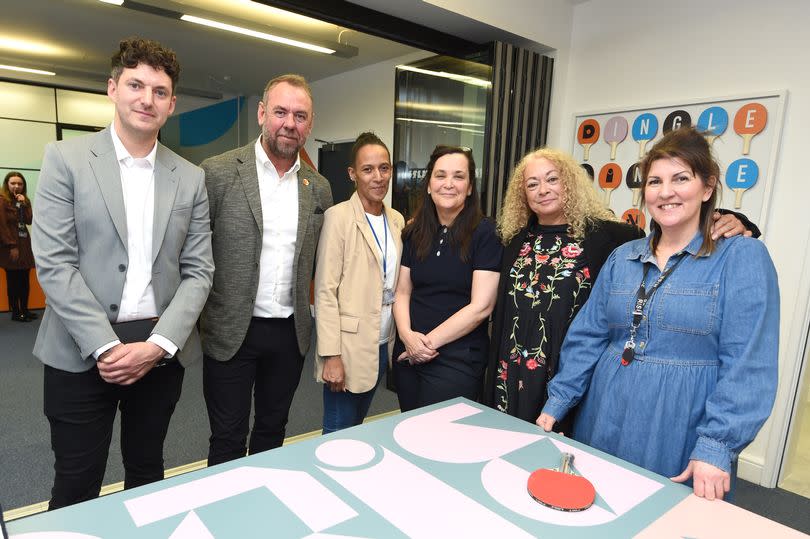 Anne Lundon (CEO),3rd right, at the launch of the Florrie's new creative space, with (L-R) Martin Shutt (Unit 3 Design Studio), Simon Krol (Krol Corlett Construction), Beverley Forde (Finance Manager), Kim Johnson MP, and Sara Lawton (Rise Construction Framwork) (Pic Andrew Teebay).