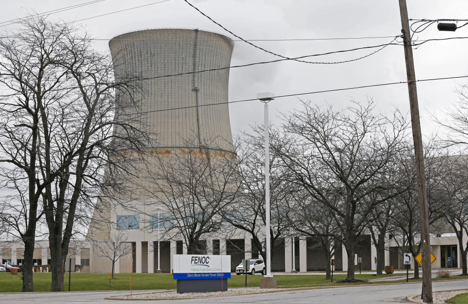 FILE – This April 4, 2017, file photo shows the entrance to FirstEnergy Corp.'s Davis-Besse Nuclear Power Station in Oak Harbor, Ohio. A nuclear plant bailout law should be repealed immediately, Democratic members of the Ohio House announced Wednesday, July 22, 2020, as a bribery scandal involving one of the state’s most powerful lawmakers unfolded over the law’s passage. (AP Photo/Ron Schwane, File)