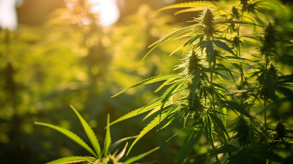 A close up of cannabis plants growing in an outdoor facility, symbolizing the product of the cannabinoid company.