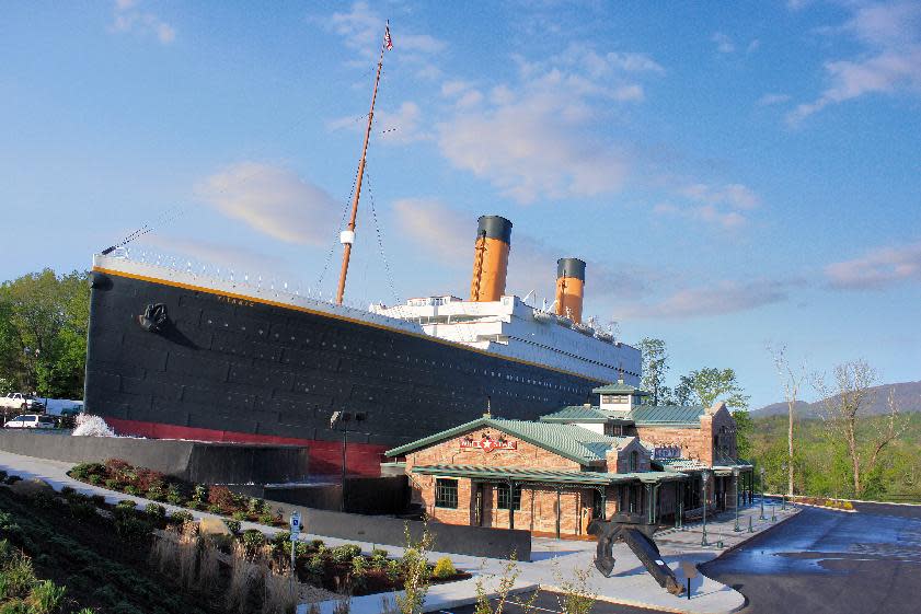 FILE - This undated file photo provided by Titanic Museum Attractions shows the exterior of a half-scale replica of the Titanic cruise ship in Pigeon Forge, Tenn. The attraction in Pigeon Forge and another in Branson, Mo., are marking the April 15, 2012 centennial of the Titanic sinking by sponsoring a Coast Guard cutter to take 1.5 million rose petals to the North Atlantic site where the ship went down. (AP Photo/Titanic Museum Attractions, File)