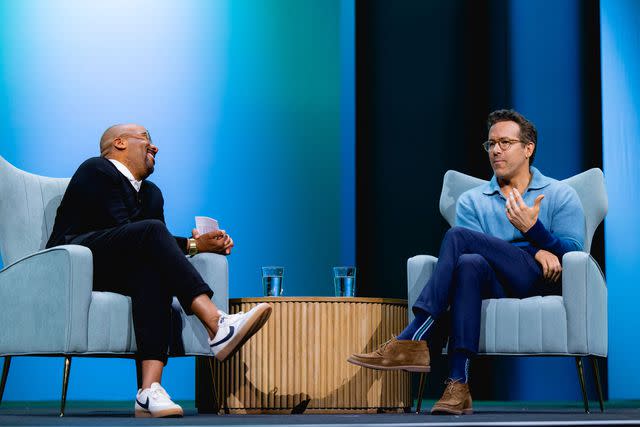 <p>Benjamin Esakof/Halo Creative/HubSpot</p> Ryan Reynolds speaks at HubSpot’s INBOUND conference in Boston on Sept. 20, 2024