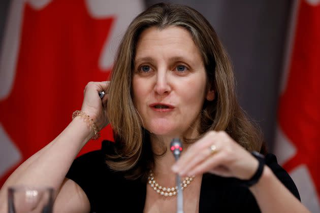 Deputy Prime Minister Chrystia Freeland attends a news conference in Ottawa on March 23, 2020 as efforts continue to help slow the spread of COVID-19.