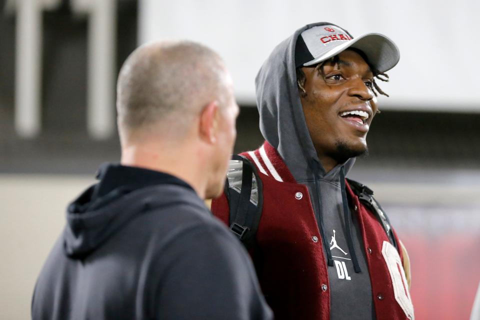 Perrion Winfrey watches during OU's Pro Day inside the Everest Training Center in Norman on March 9.