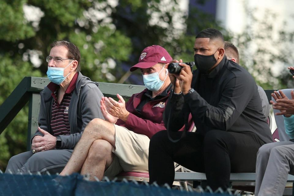 Sep 17, 2020; Mamaroneck, New York, USA; Iona College head men's basketball coach Rick Pitino (M) watches from a gallery in his back yard on the 3rd green during the first round of the U.S. Open golf tournament at Winged Foot Golf Club - West. Mandatory Credit: Brad Penner-USA TODAY Sports