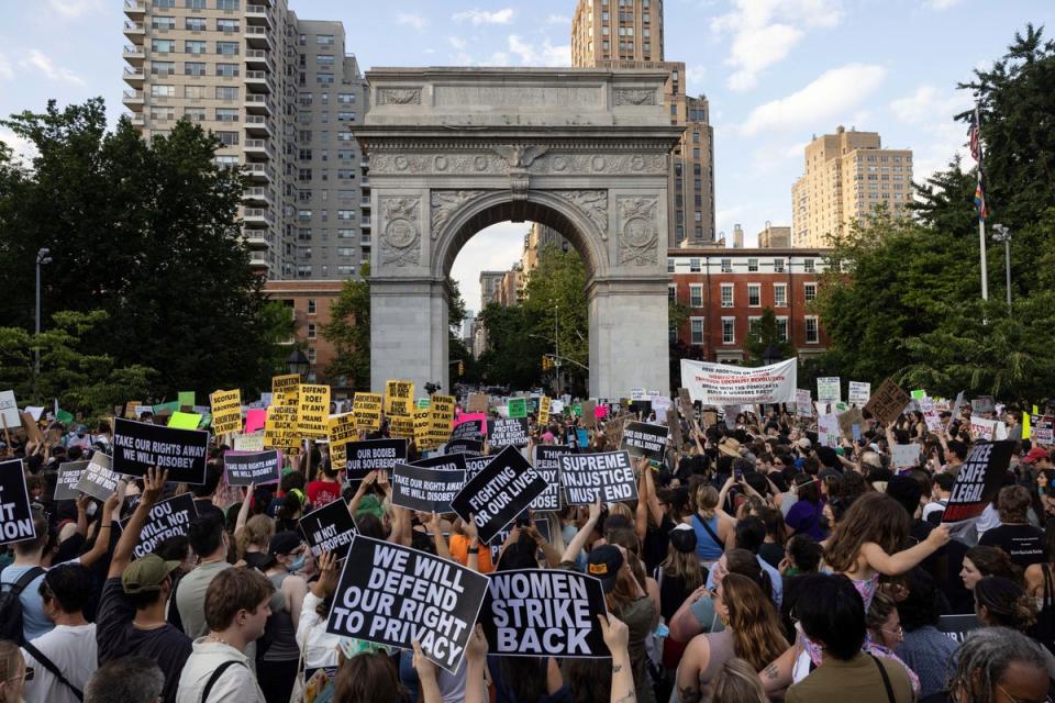 Pro-choice protesters gather at Washington Square Park in Manhattan on 24 June 2022 after the Supreme Court overturned Roe v Wade (Copyright 2022 The Associated Press. All rights reserved.)
