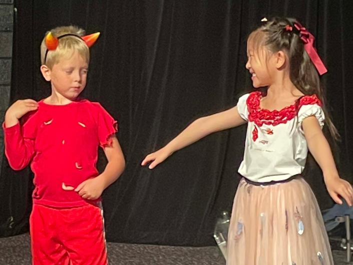 Wells Clinton as Wiley with Emma Tan as Spinny in “Toy Store” at the annual Drama Camp finale held at Farragut High School Friday, July 29, 2022.
