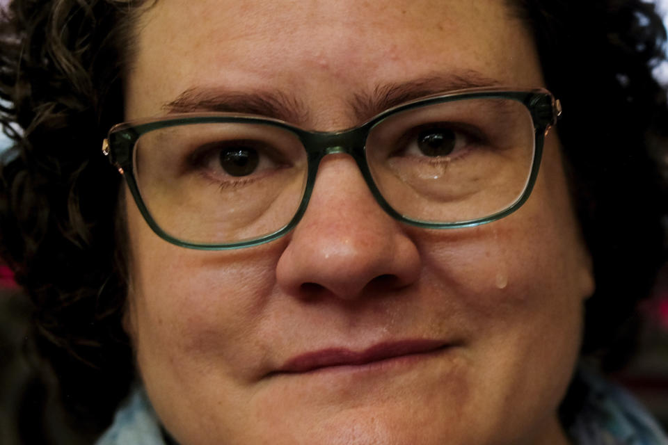 Beth Stroud sheds a tear pondering what reinstatement would mean 20 years after she was defrocked from her job as a United Methodist pastor in Philadelphia, Sunday, May 12, 2024, at Turning Point United Methodist Church in Trenton, N.J. Delegates at a United Methodist conference recently struck down longstanding anti-LGBTQ bans and created a path for clergy ousted because of them to seek reinstatement. (AP Photo/Luis Andres Henao)