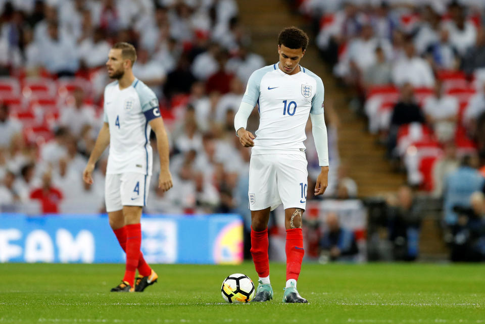 <p>Soccer Football – 2018 World Cup Qualifications – Europe – England vs Slovakia – London, Britain – September 4, 2017 England’s Dele Alli and Jordan Henderson look dejected after Slovakia’s Stanislav Lobotka scores their first goal Action Images via Reuters/Carl Recine </p>