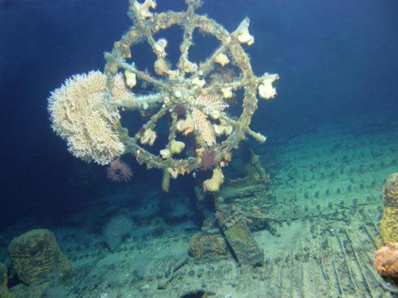 The U.S.S. Kailua, a sunken cable repair ship that was torpedoed in 1946, was recently rediscovered off the shores of Oahu, Hawaii. The ship's wheel, shown here, was still in its original location.