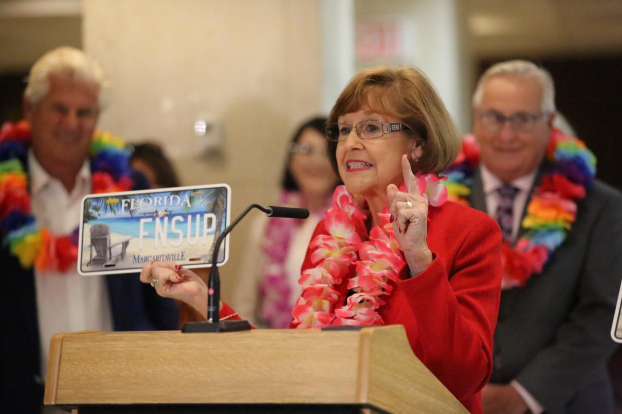 Sen. Gayle Harrell, R-Stuart, speaks at an event promoting her bill that would establish a Margaritaville specialty license plate in memory of singer-songwriter Jimmy Buffett, who died last year.