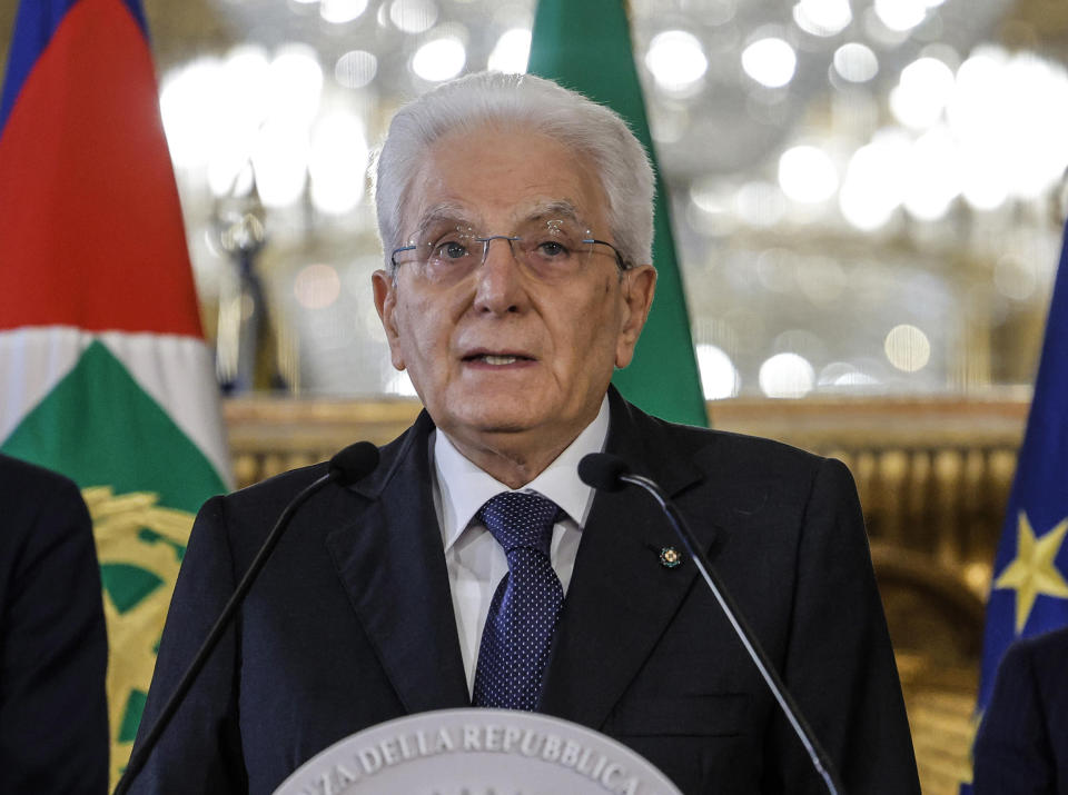 Italian President Sergio Mattarella speaks at the Quirinale Presidential palace in Rome, Thursday, July 21, 2022. Italy’s president says he has dissolved Parliament after Premier Mario Draghi’s coalition fell apart. No date was set for a new election, but President Sergio Mattarella said it must be held within 70 days under Italy’s Constitution. Mattarella said he decided on early elections because the lack of support for Draghi also indicated there was no possibility of forming another government that could carry a majority of lawmakers. (Giuseppe Lami, Pool Photo via AP)