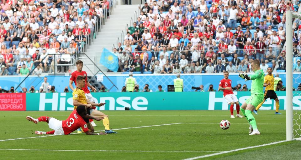 <p>Belgium’s Thomas Meunier scores their first goal (REUTERS/Lee Smith) </p>