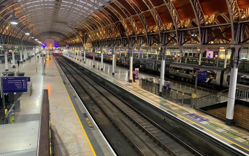 Empty platforms at Paddington Station in London this morning - Peter Clifton/PA Wire