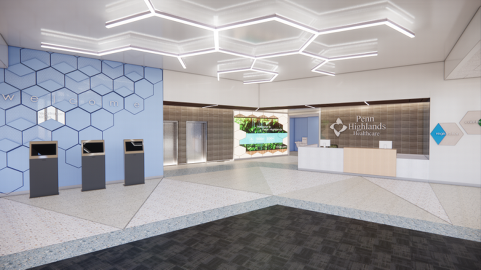 Patients at Penn Highlands Healthcare’s new State College hospital will have access to the latest technology from registration through diagnosis and treatment. Shown are registration kiosks in the main lobby.