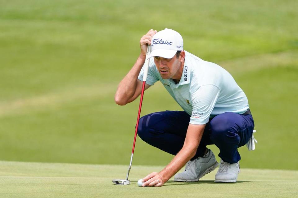 Chesson Hadley lines up a putt on the 16th green during the first round of THE CJ CUP Byron Nelson golf tournament.