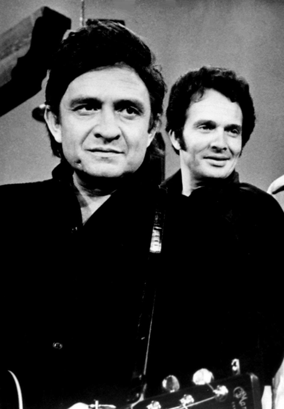 Johnny Cash performed at San Quentin Prison in 1958, a show attended by Merle Haggard, who was serving a two-year sentence at the time. Here, Cash, left, and Haggard appear together on 