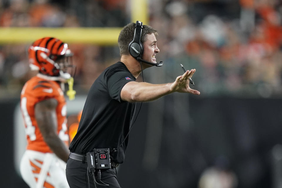 Cincinnati Bengals head coach Zac Taylor shouts during the first half of an NFL football game against the Jacksonville Jaguars, Thursday, Sept. 30, 2021, in Cincinnati. (AP Photo/Bryan Woolston)