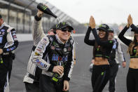 Kevin Harvick celebrates after winning the NASCAR Brickyard 400 auto race at Indianapolis Motor Speedway, Sunday, Sept. 8, 2019, in Indianapolis. (AP Photo/Darron Cummings)