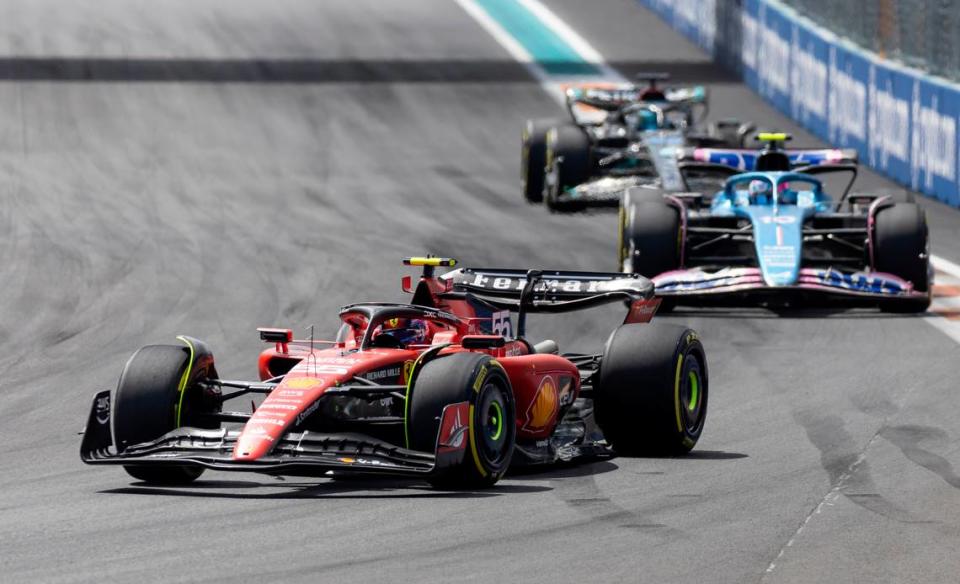 Spanish Formula One driver Carlos Sainz of Scuderia Ferrari makes his way around the circuit during the Formula One Miami Grand Prix at the Miami International Autodrome on Sunday, May 7, 2023, in Miami Gardens, Fla.