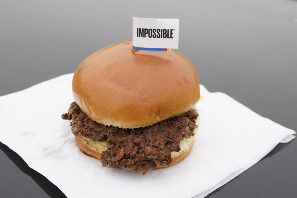 The Impossible Burger, a plant-based burger containing wheat protein, coconut oil and potato protein among it's ingredients. (AP Photo/Nati Harnik, File)