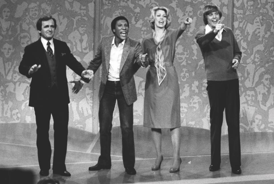 BURBANK, CA - MARCH 5:  (L-R) John Barbour, Byron Allen, television personality Sarah Purcell and Skip Stevenson attend the taping of "Real People" on March 5, 1980 at NBC TV Studios in Burbank, California. (Photo by Ron Galella, Ltd./Ron Galella Collection via Getty Images)