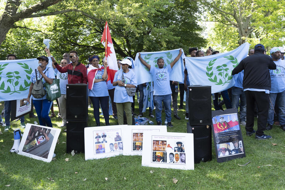 Protesters wave flags and signs at Earlscourt Park in Toronto on Saturday, August 5.  Toronto police say one person was stabbed and eight others injured during a protest on the city's west side.  THE CANADIAN PRESS/Arlene McAdory