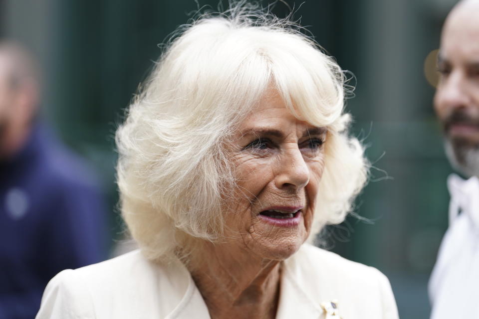 Queen Camilla during a visit to the All England Lawn Tennis and Croquet Club in Wimbledon, south west London, on day ten of the 2024 Wimbledon Championships, Wednesday July 10, 2024. (Jordan Pettitt/Pool photo via AP)