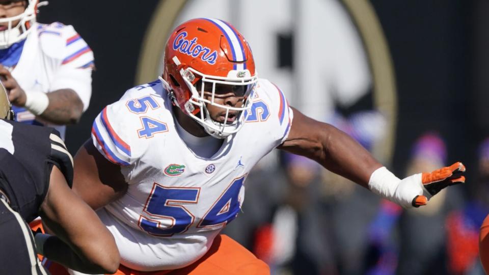 Florida offensive lineman O'Cyrus Torrence plays against Vanderbilt in November.