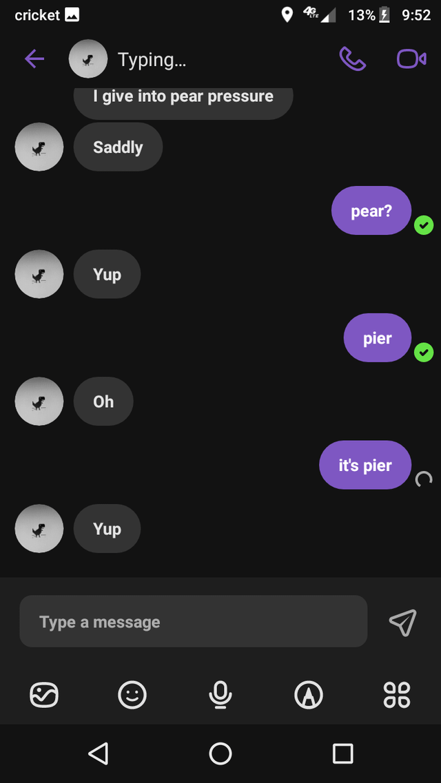 Someone says they give in to peer pressure, but they spell it pear like the fruit; a second person corrects them by saying pier but spelling it like the waterfront structure