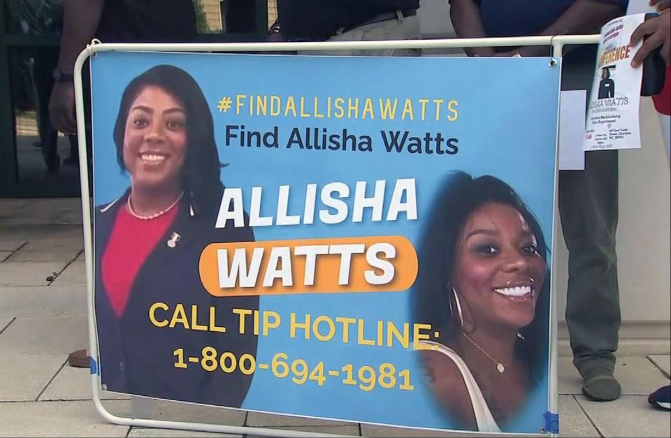 PHOTO: A 'Find Allisha Watts' poster is shown at a press conference on July 26, 2023 in North Carolina. (WSOC)