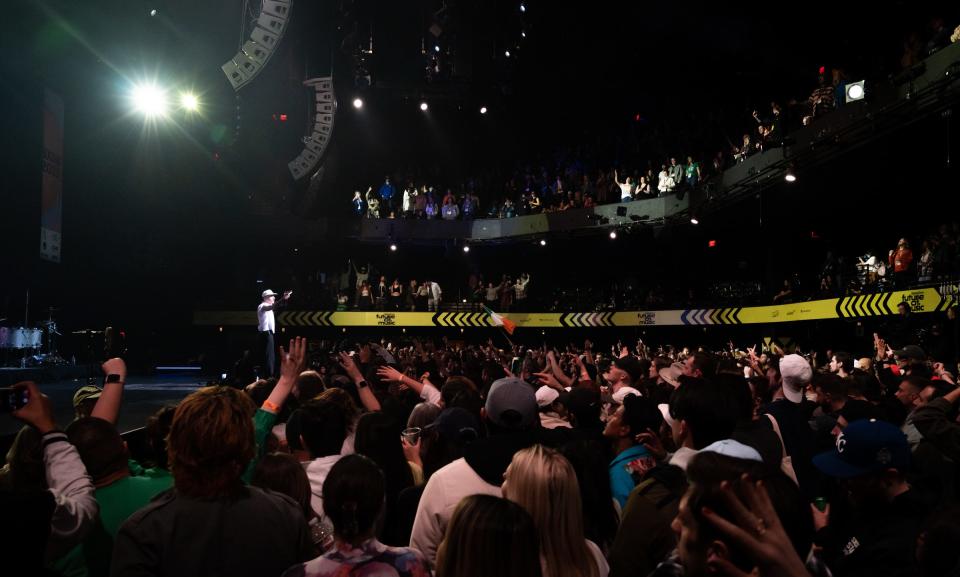 American songwriter and rapper Macklemore performs live in Dolby Atmos on the ACL Live Stage at the Moody Theater in Downtown Austin as part of South By Southwest, March 17, 2023.