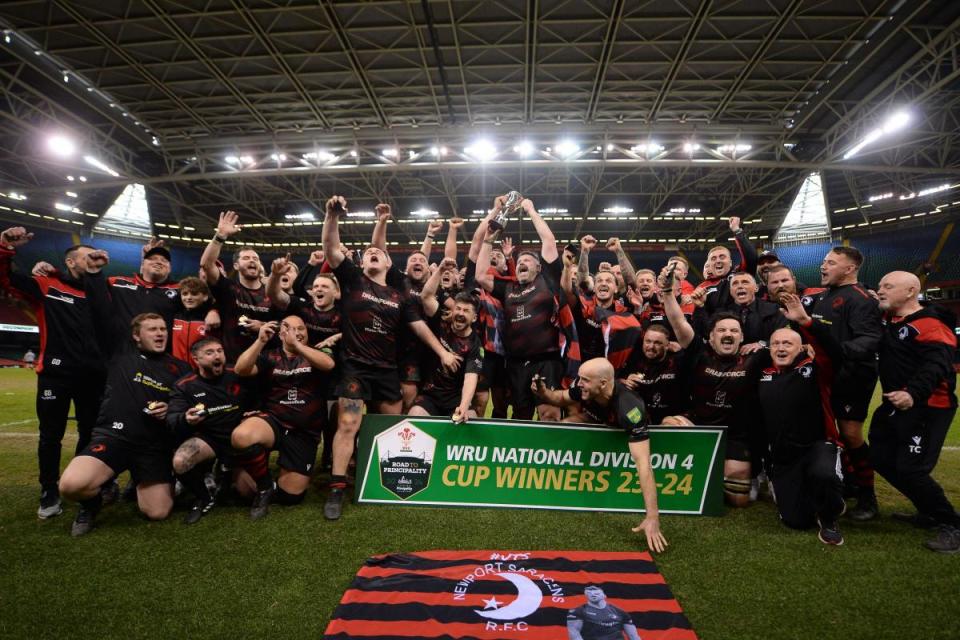 WINNERS: Newport Saracens lift the Division Four Cup at Principality Stadium <i>(Image: Huw Evans Agency)</i>