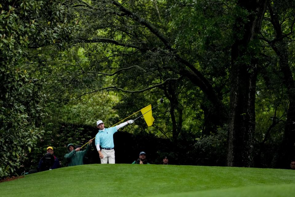 Apr 8, 2023; Augusta, Georgia, USA; Sam Bennett signals his shot from the second tee during the third round of The Masters golf tournament. Mandatory Credit: Rob Schumacher-USA TODAY Network