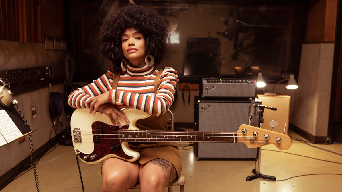  April Kae with the new Fender Vintera II series basses. 