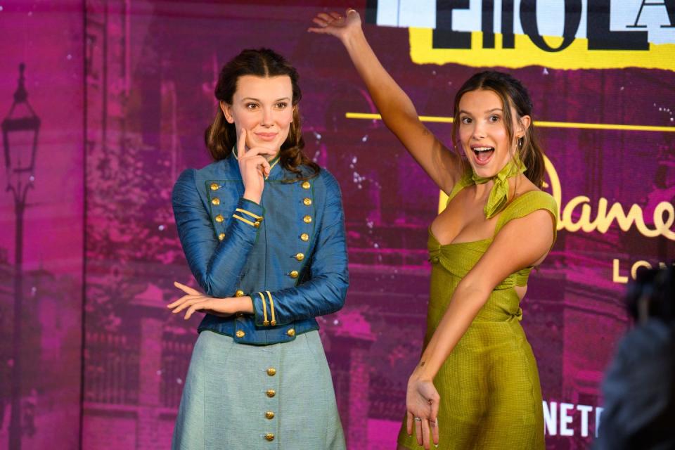 millie bobby brown and the enola holmes waxwork at madame tussauds london