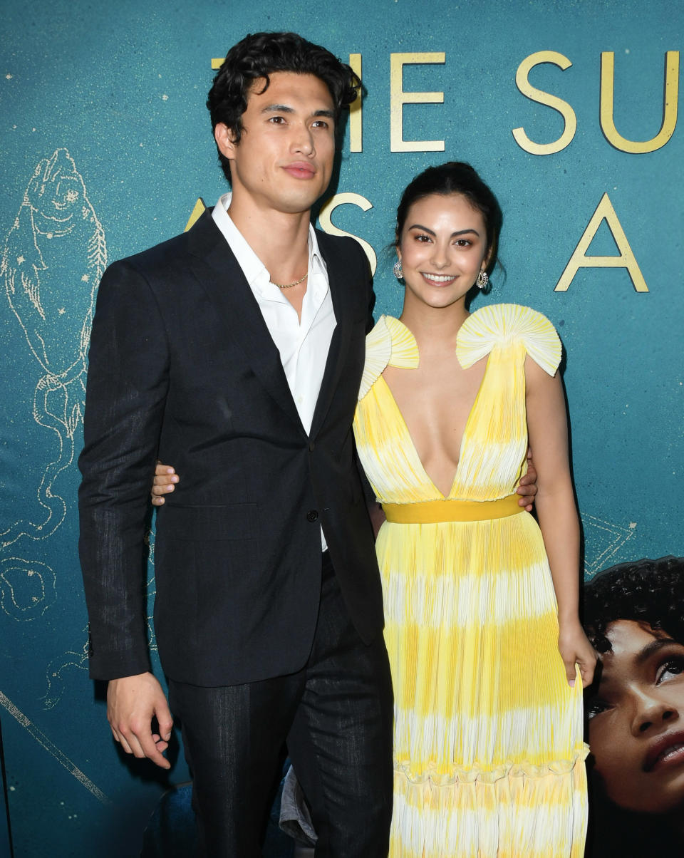 Charles and Camila smiling together at a media event