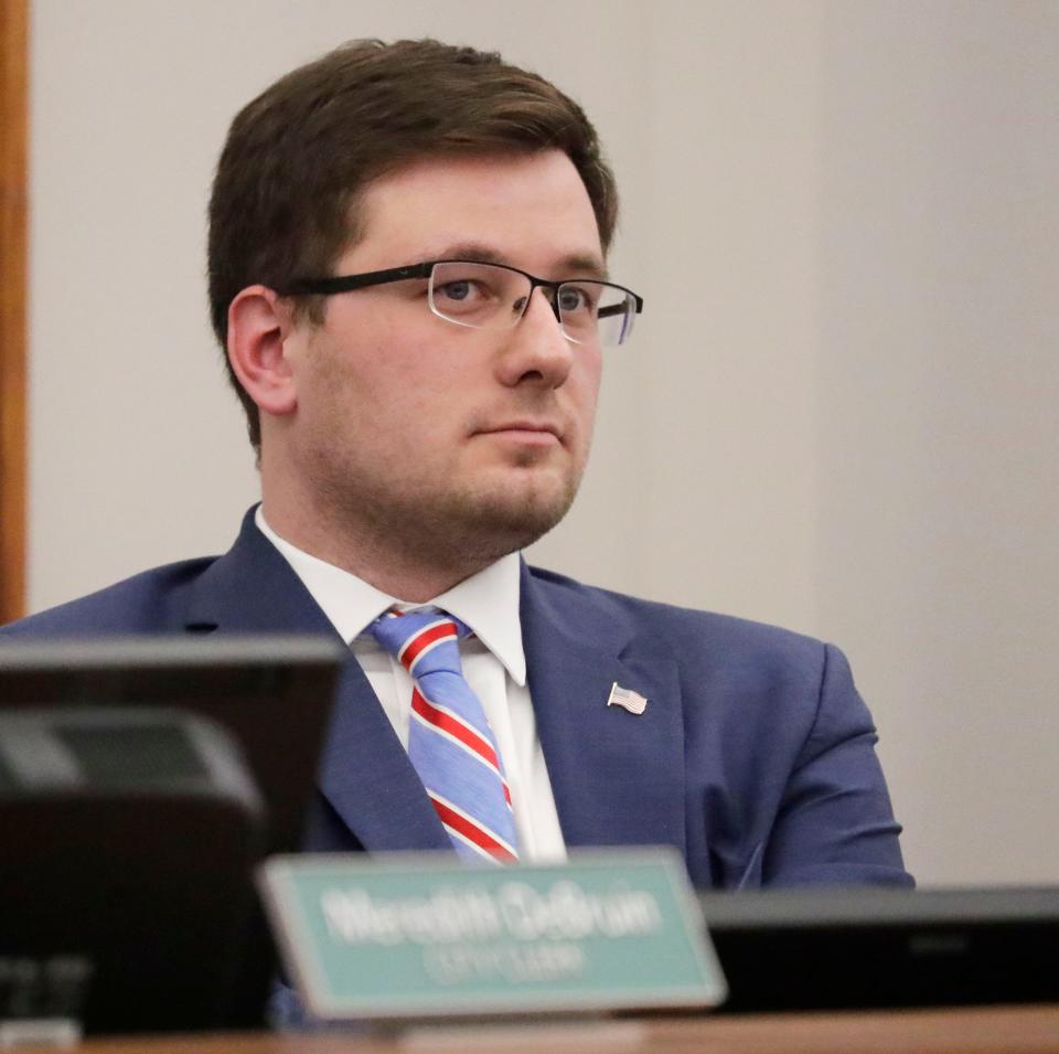 Sheboygan Mayor Ryan Sorenson listens during the meeting about City Administrator Todd Wolf at Sheboygan City Hall, Monday, January 9, 2022, in Sheboygan, Wis.