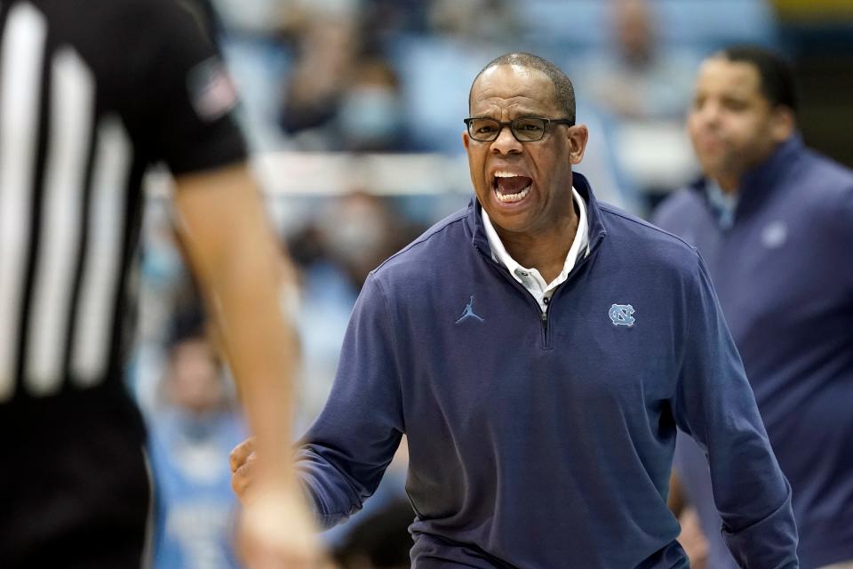 North Carolina coach Hubert Davis raises his voice to make a point during Tuesday night’s game against UNC Asheville.